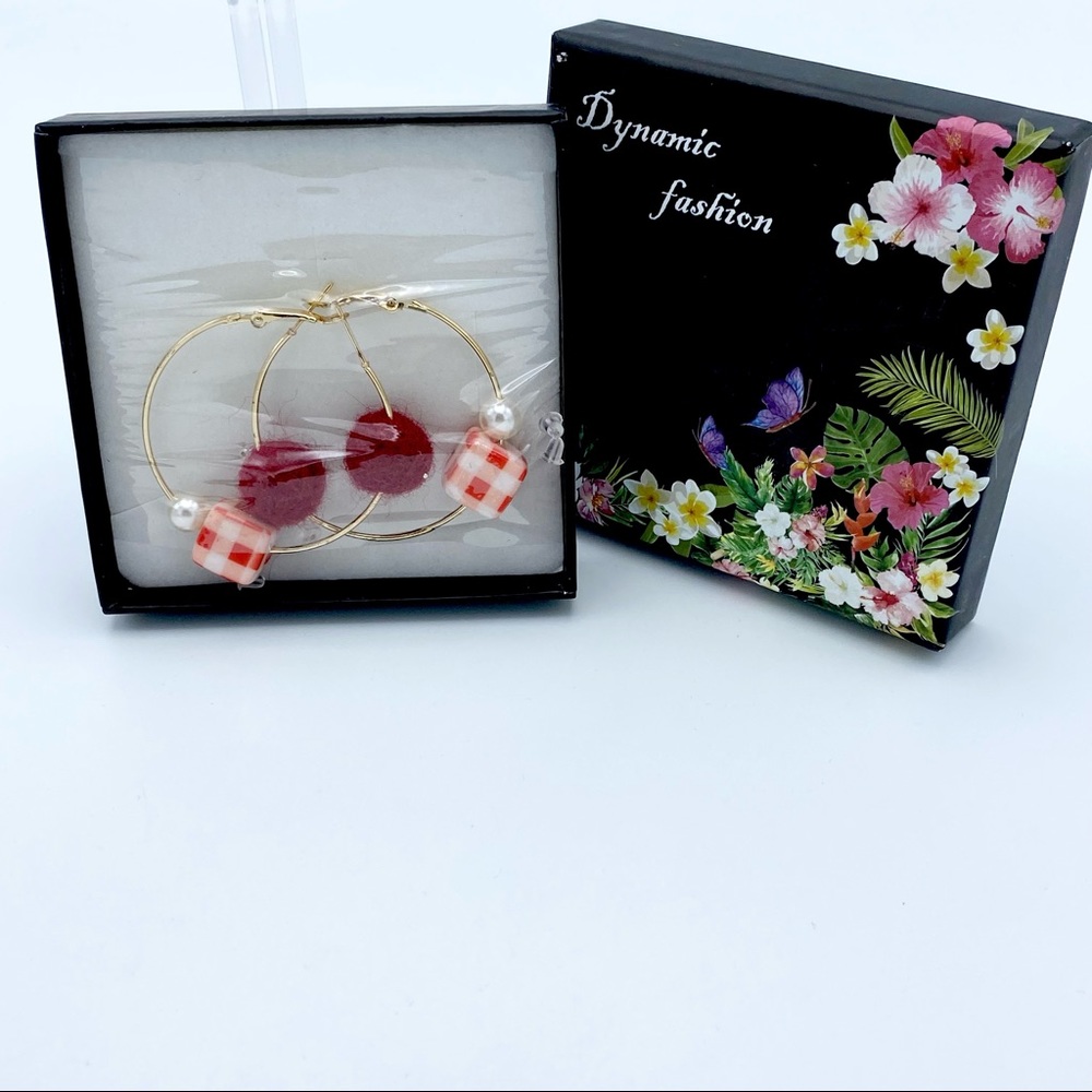 NEW Dynamic Fashion Red Checker Cube Faux Pearl Pompom Gold Tone Hoop Earrings